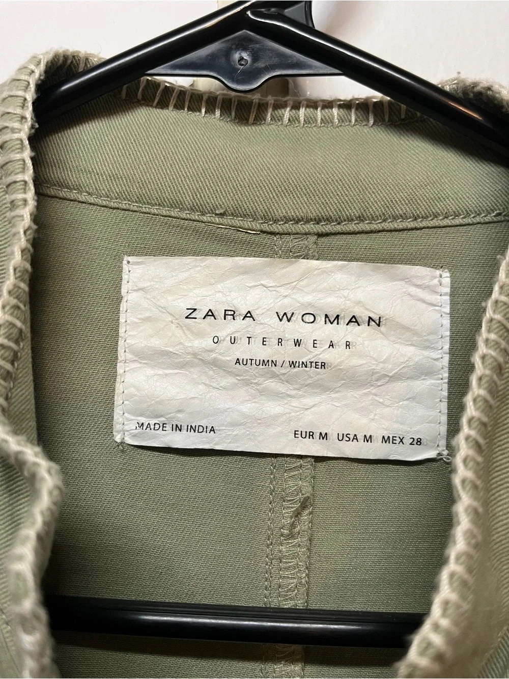 Zara Olive Green Utility Jacket with Cream Crochet Trim